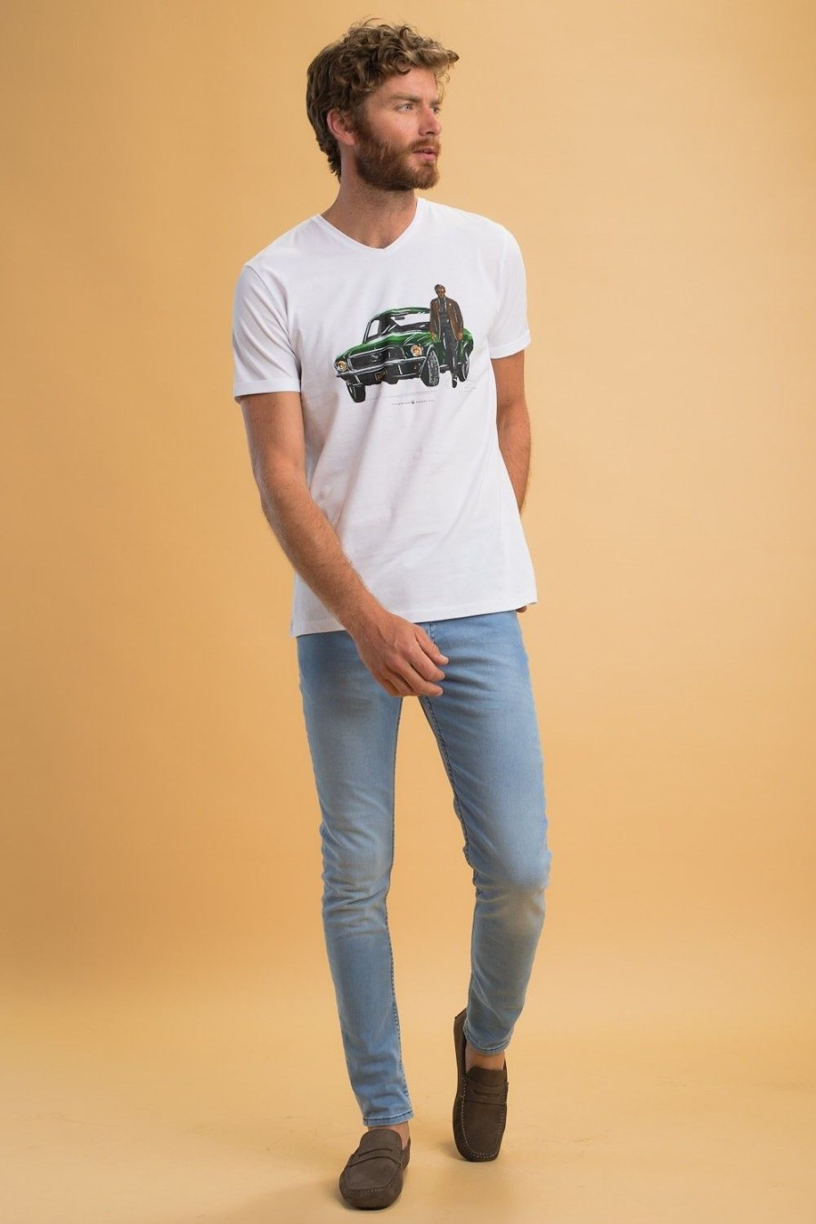 Homme Benson & Cherry T-Shirts Pour Homme | T-Shirt Col V Imprime Mustang Tigrou Blanc