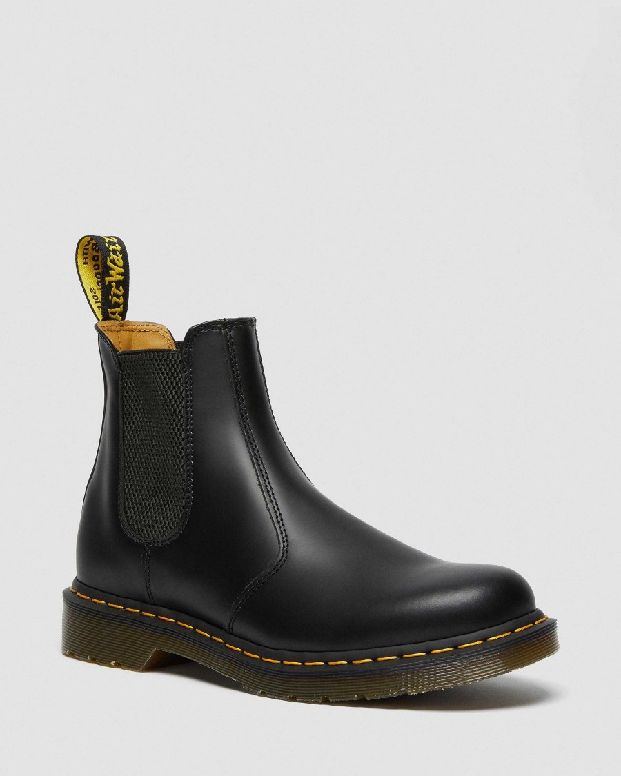 Messieurs Dr. Martens Fourmis D'Hiver | Bottines Chelsea En Cuir Lisse A Coutures Jaunes 2976 Noir — Lisse