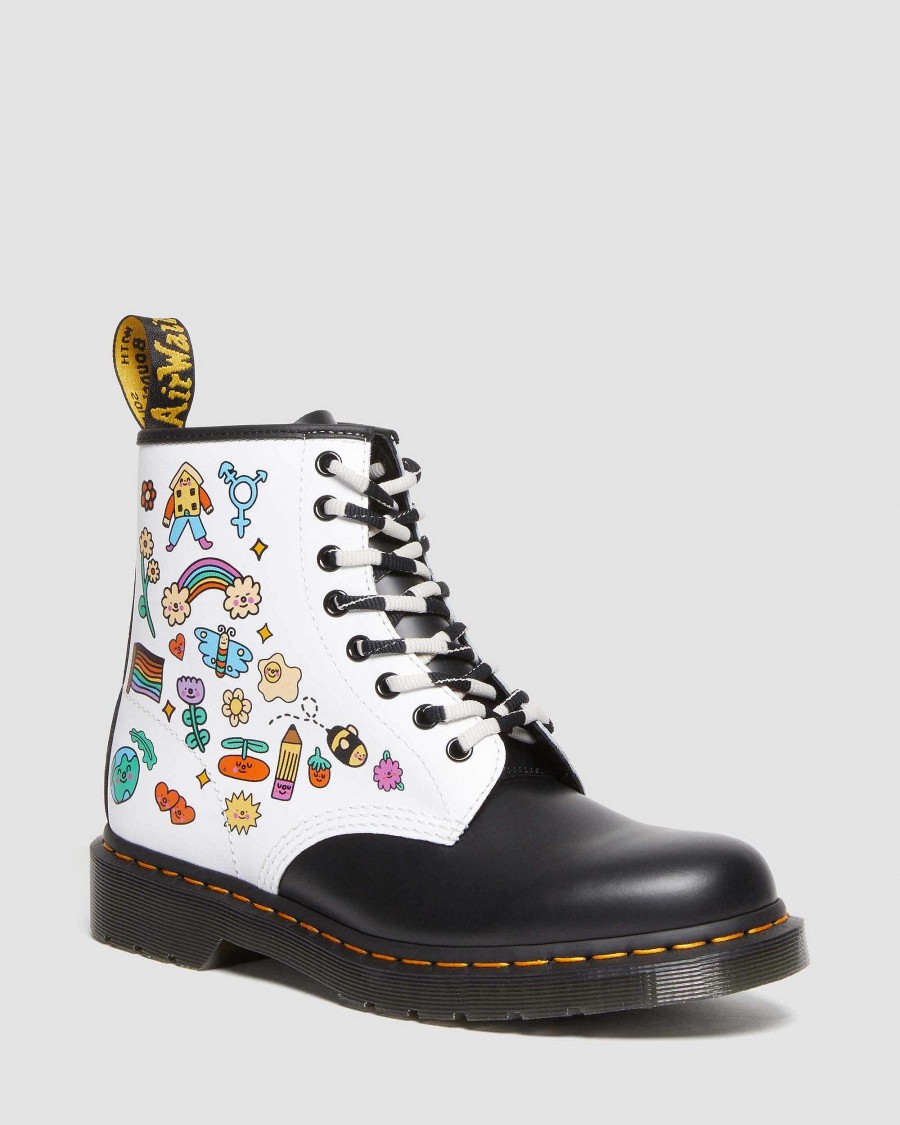 Messieurs Dr. Martens Tenias | 1460 Wednesday Holmes Pride Brosses En Cuir Lisse Blanc + Noir — Lisse