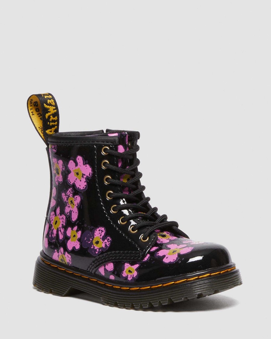 Enfants Dr. Martens Chaussures D'Ecole Pour Filles | Short Verni Fleuri 1460 Pour Tout-Petit Noir — Lampe T