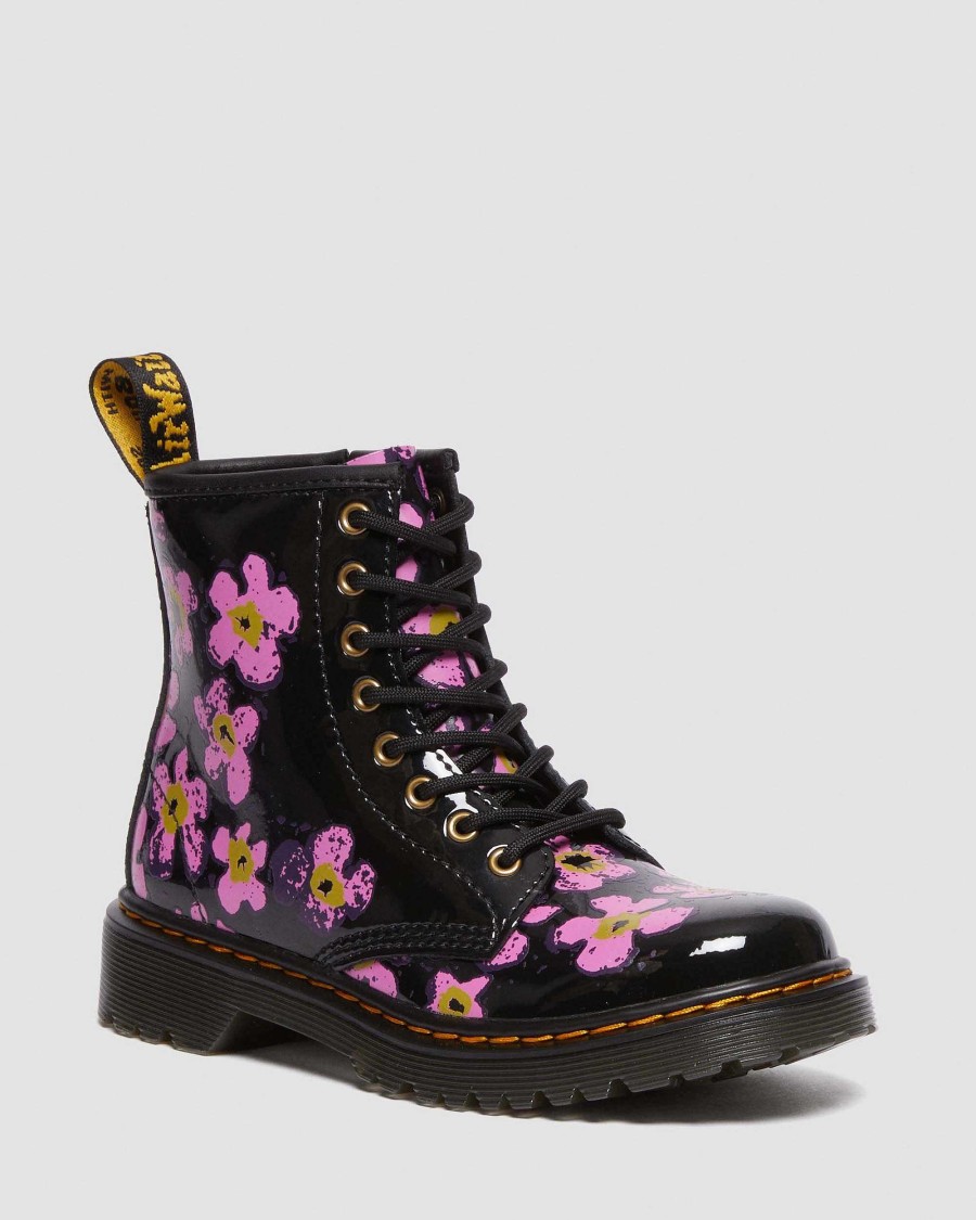 Enfants Dr. Martens Chaussures D'Ecole Pour Filles | Maiharits Vernis Floraux Junior 1460 Noir — Lampe T