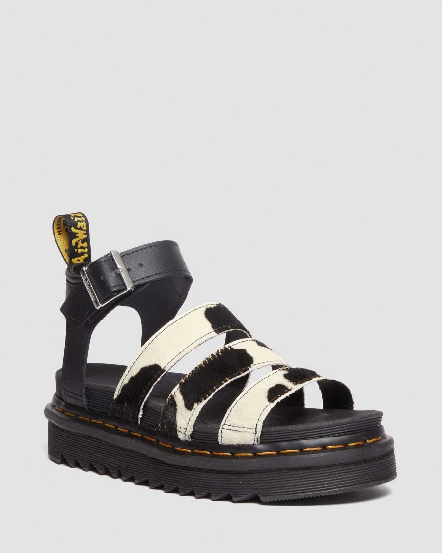 Dames Dr. Martens Sandales Gladiateur | Sandales A Imprime Vache Blaire Hair-On Imprime Noir + Vache