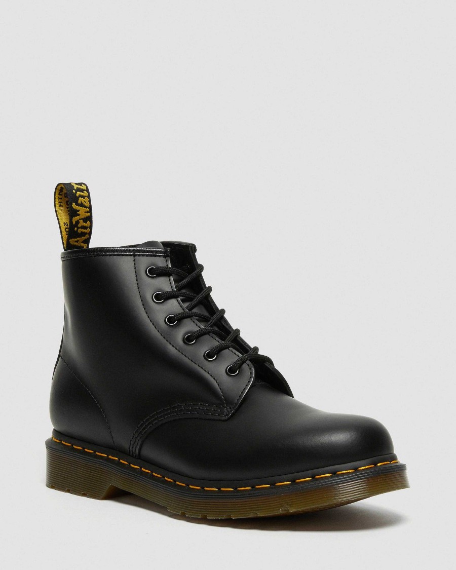 Messieurs Dr. Martens Tenias | Bottines En Cuir Lisse 101 Yellow Stitch Noir — Lisse