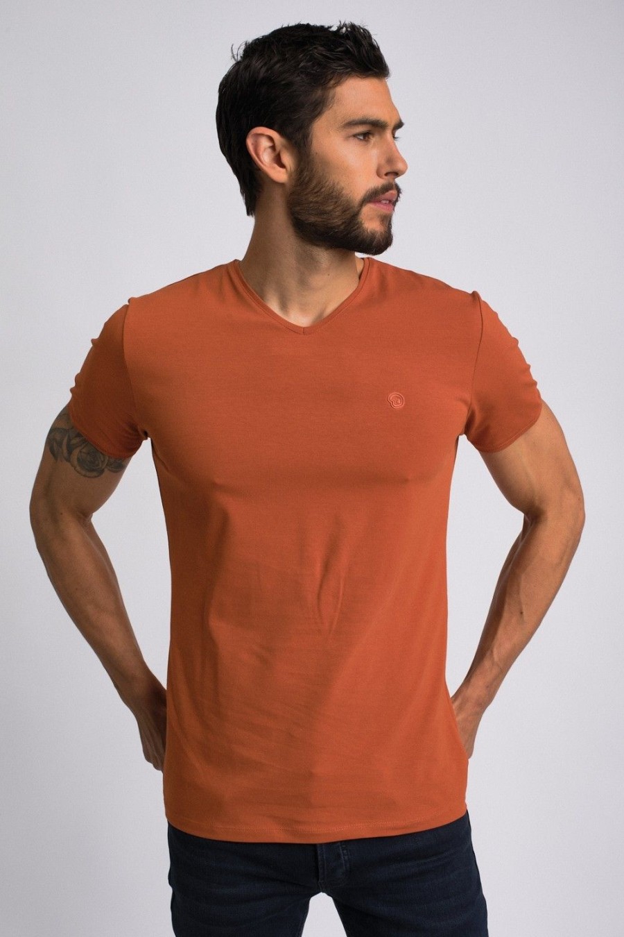 Homme Benson & Cherry T-Shirts Pour Homme | Tee-Shirt Coton Stretch Uni Col V Tahys Mandarine