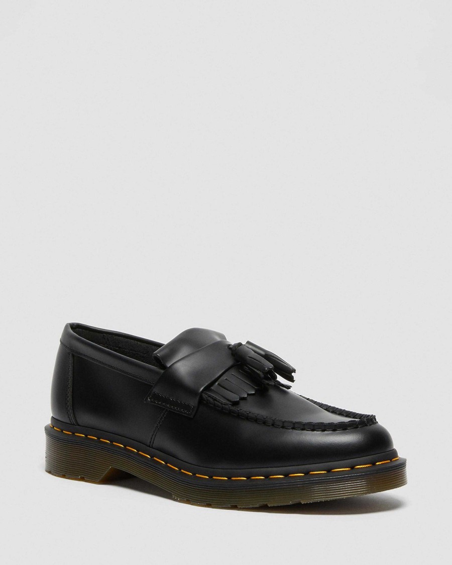 Messieurs Dr. Martens Tous Les Mocassins | Mocassins A Pampilles Lisses En Cuir A Surpiqures Jaunes Adrian Noir — Lisse