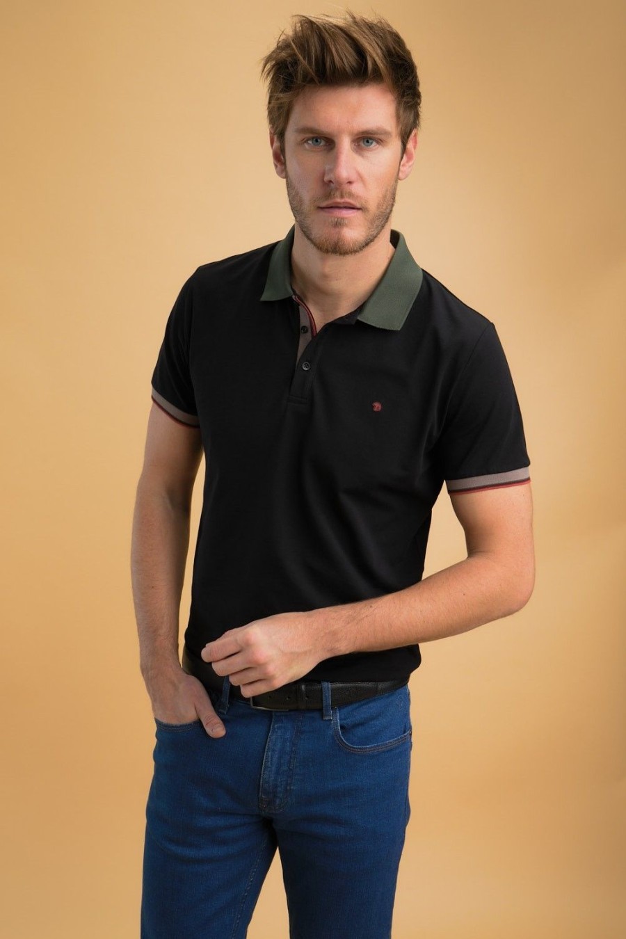 Homme Benson & Cherry Polos Pour Homme | Polo Stretch Col Contraste Gusta Noir