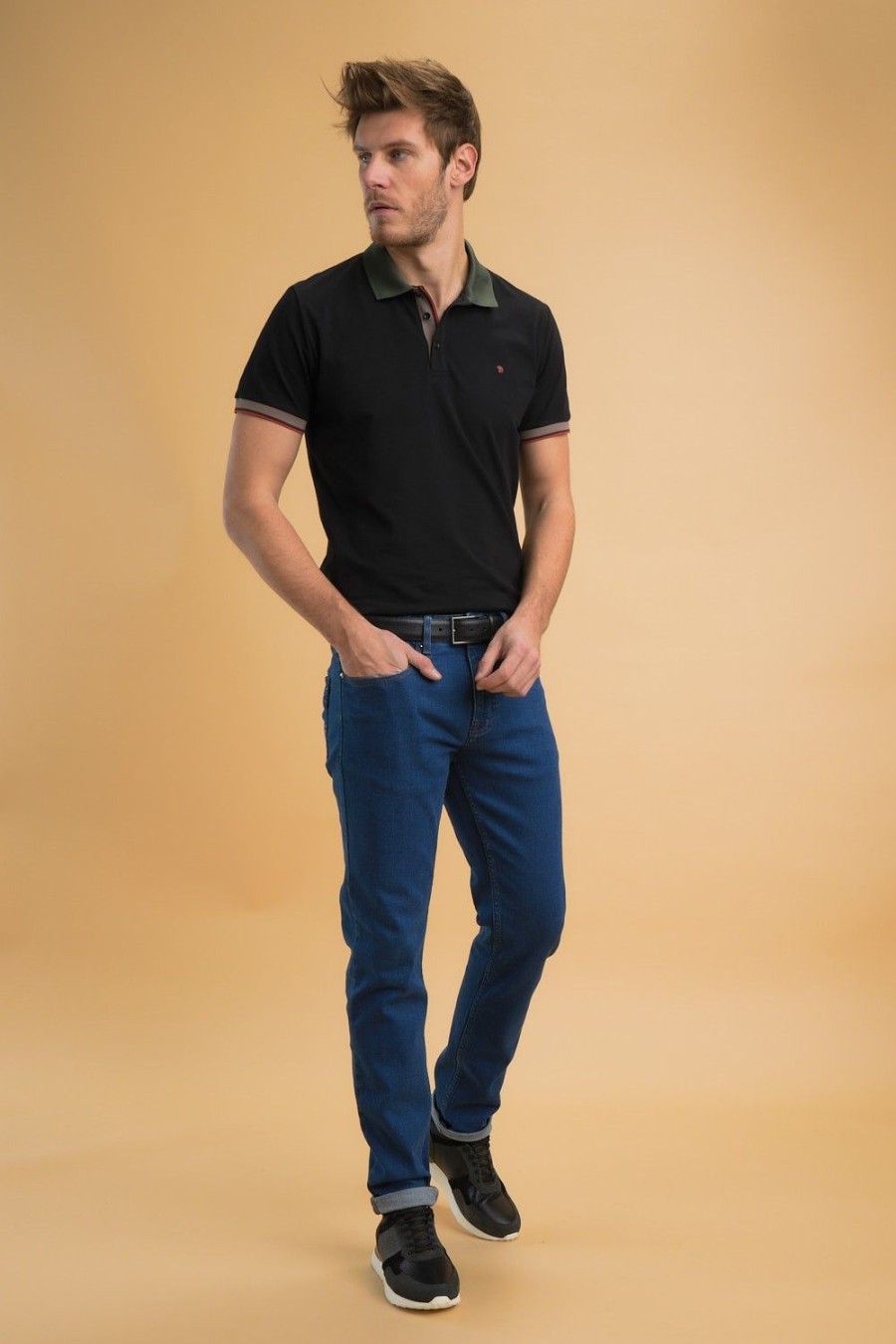 Homme Benson & Cherry Polos Pour Homme | Polo Stretch Col Contraste Gusta Noir