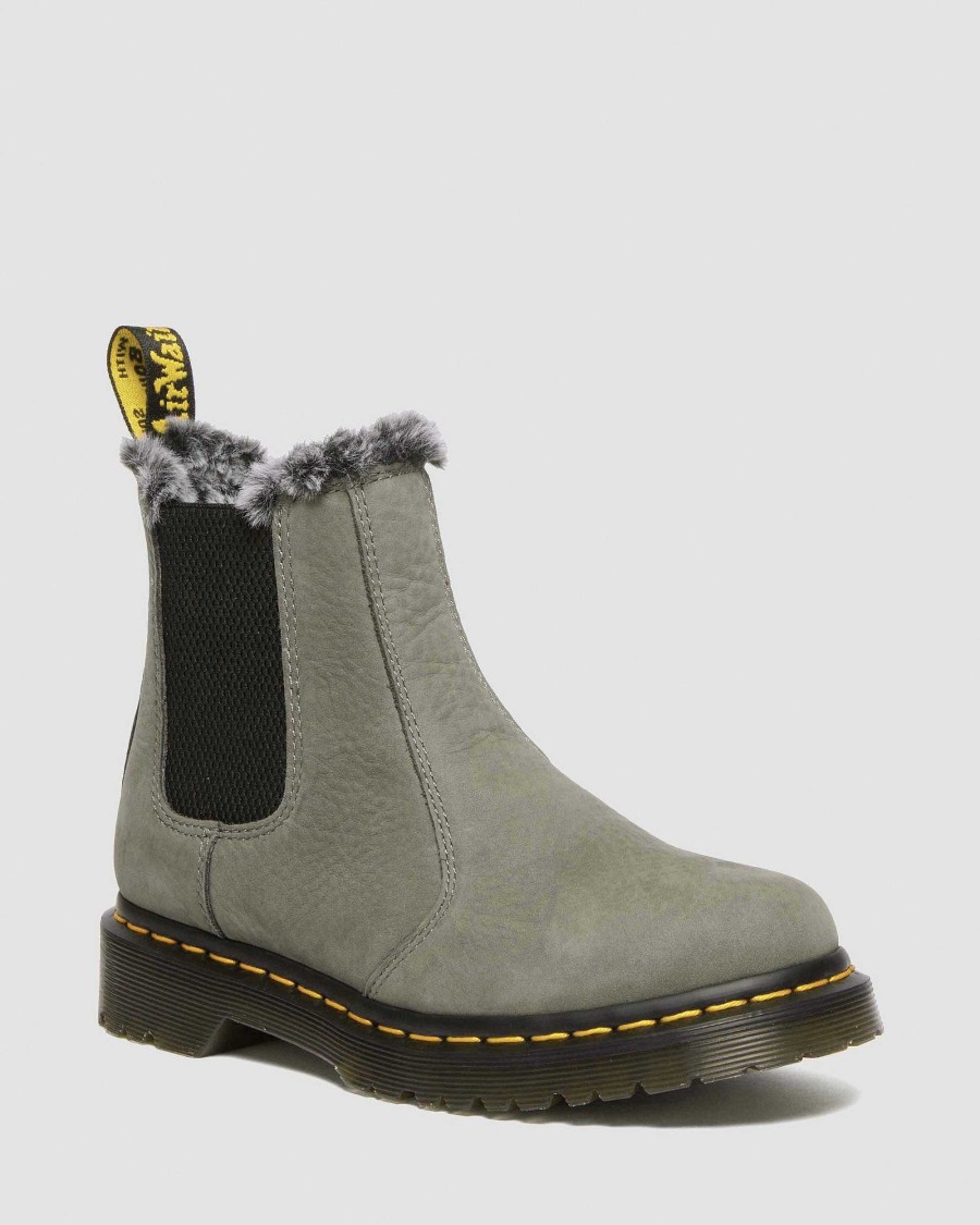 Dames Dr. Martens Bottines | 2976 Leonore Bottines Chelsea En Nubuck Doublees De Fausse Fourrure Gris Nickel — Nubuck Fraise Wp