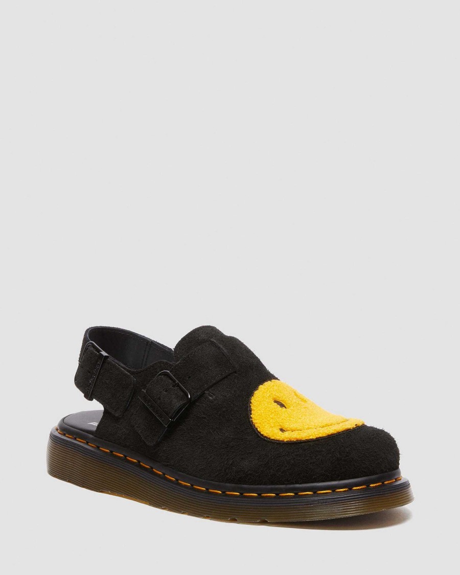 Messieurs Dr. Martens Sandales Noires | Pantoufles Jorge Smiley® En Daim Noir — Daim A Poils Longs