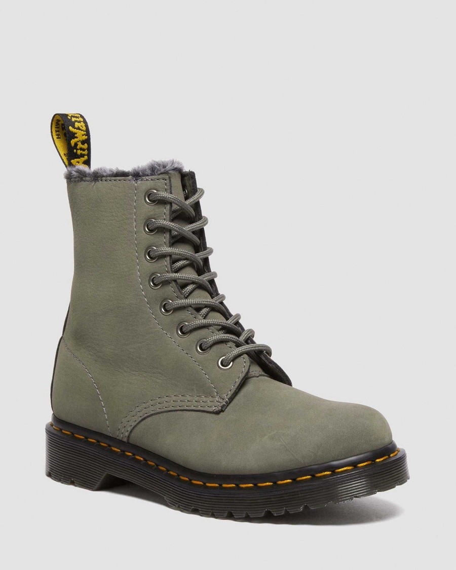 Dames Dr. Martens Tenias | Bottines A Lacets En Nubuck Doublees De Fausse Fourrure 1460 Serena Gris Nickel — Nubuck Fraise Wp