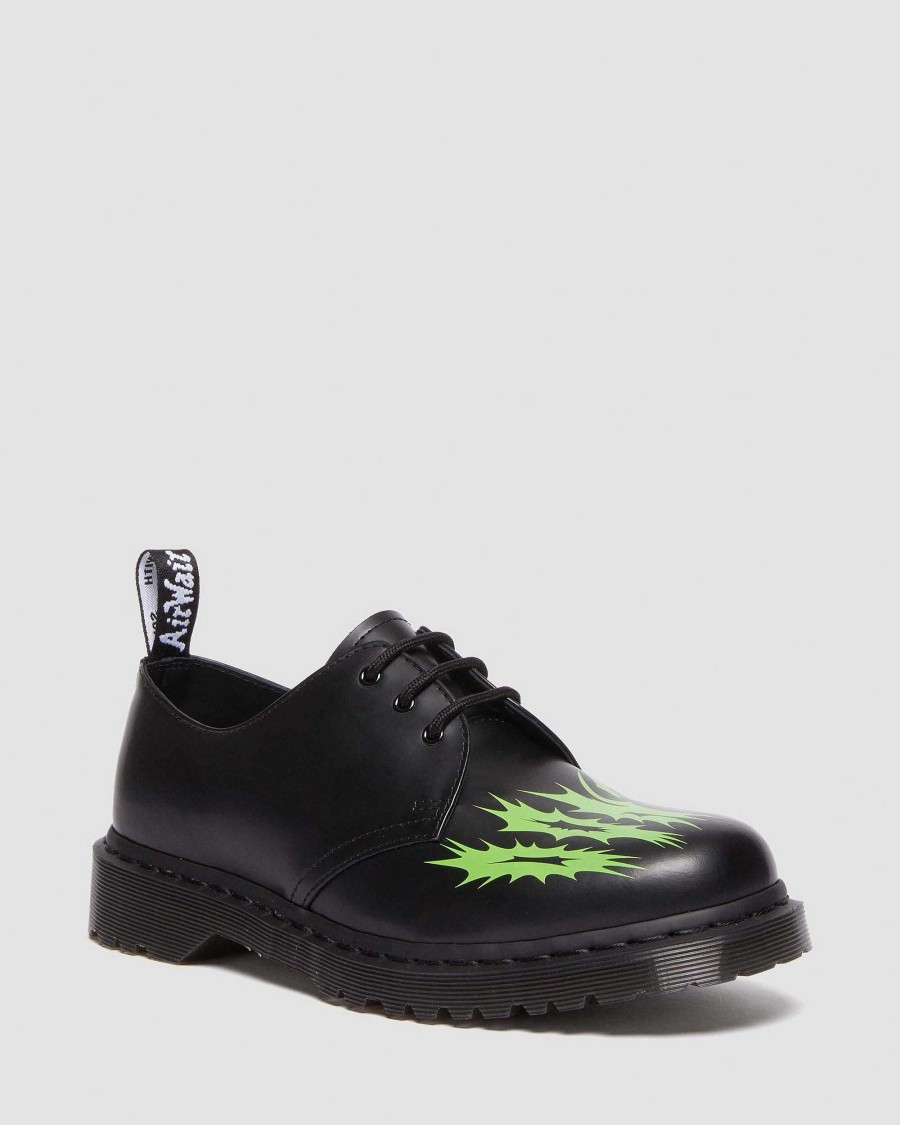 Dames Dr. Martens Chaussures Noires | 1461 Nts -Chaussures En Cuir Noir + Vert — Lisse