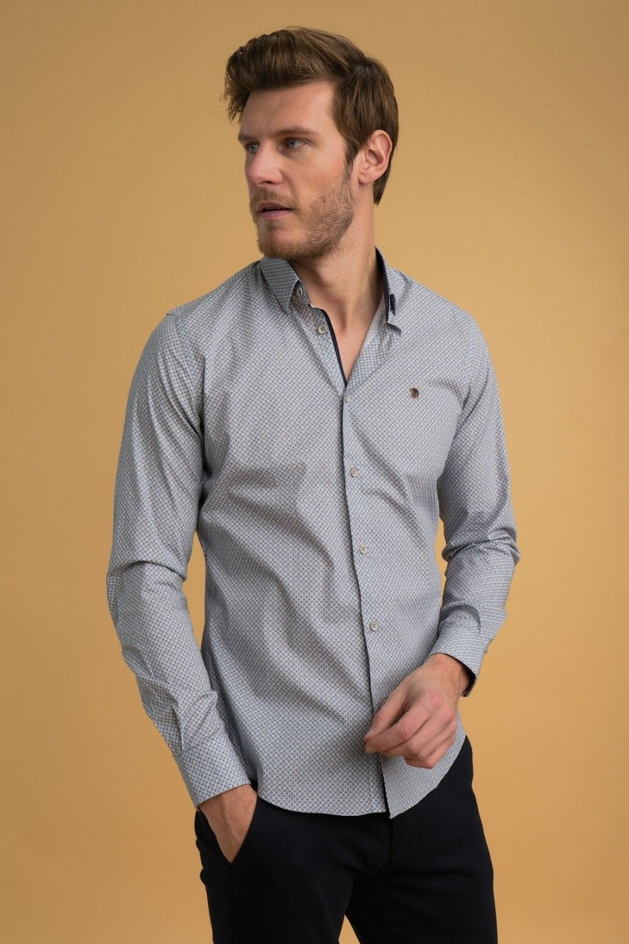 Homme Benson & Cherry Chemises Pour Homme | Chemise Popeline Manches Longues A Motif Luch Gris