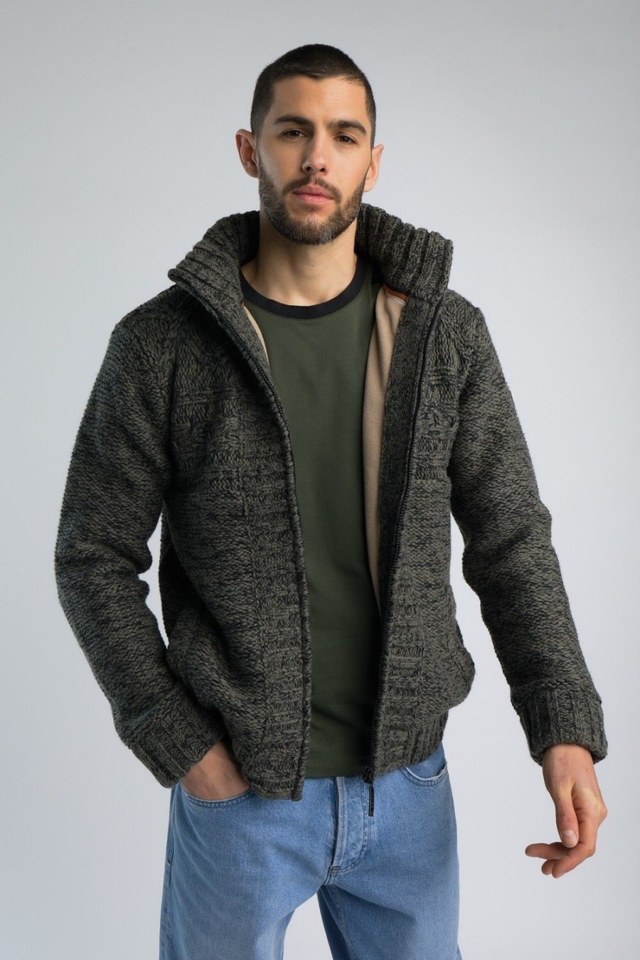 Homme Benson & Cherry Pulls Et Gilets Pour Homme | Cardigan A Capuche Amovible Falouja Kaki