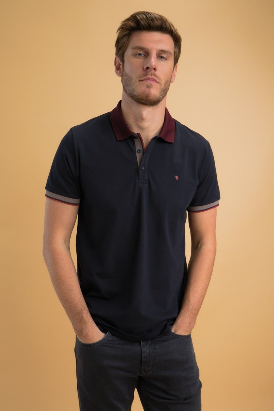 Homme Benson & Cherry Polos Pour Homme | Polo Stretch Col Contraste Gusta Marine