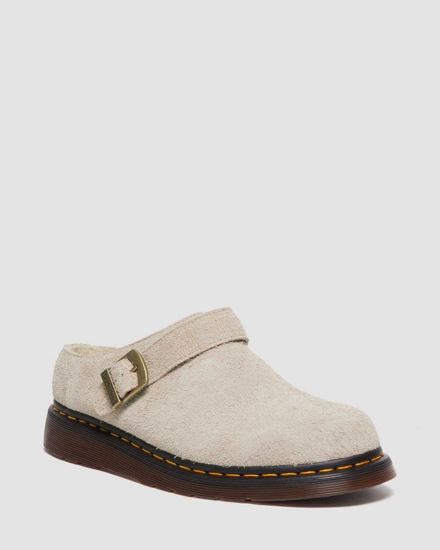 Dames Dr. Martens Chaussons | Pantoufles Isham En Suede Et Peau De Mouton Synthetique Doublees De Fausse Fourrure Taupe Vintage — Daim A Poils Longs