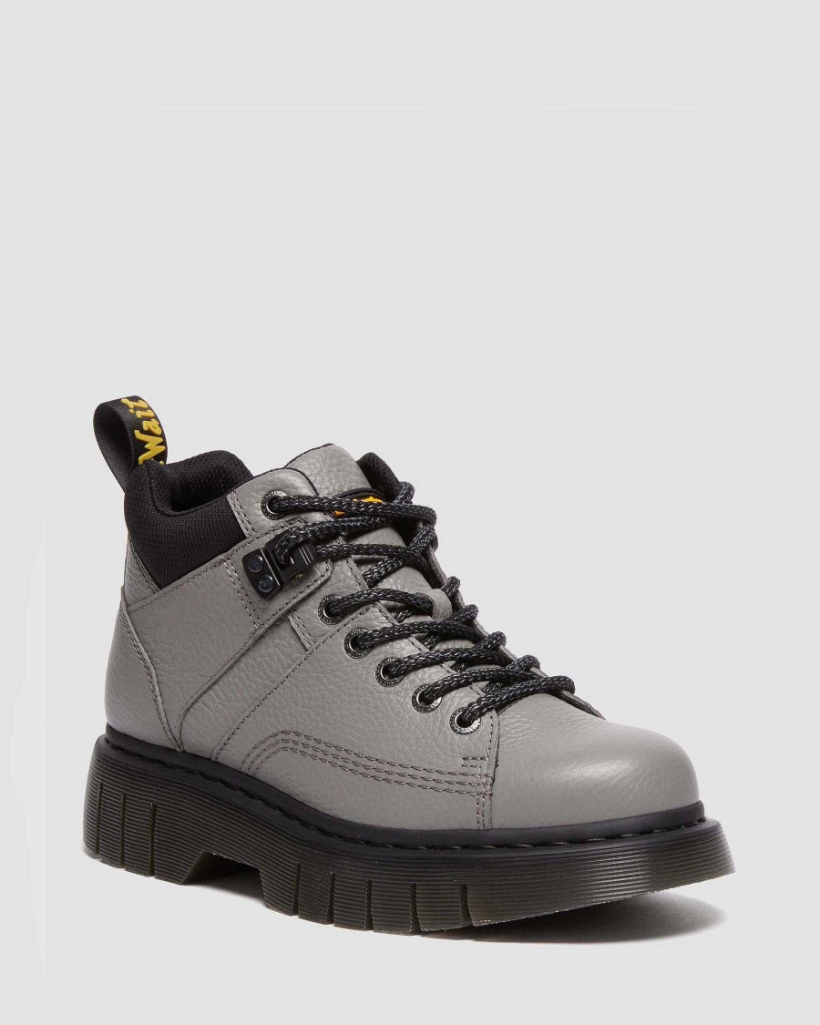 Messieurs Dr. Martens Chaussures Utilitaires | Bottines A Lacets En Cuir Woodard Gris Nickel + Noir — Nappa Fraise