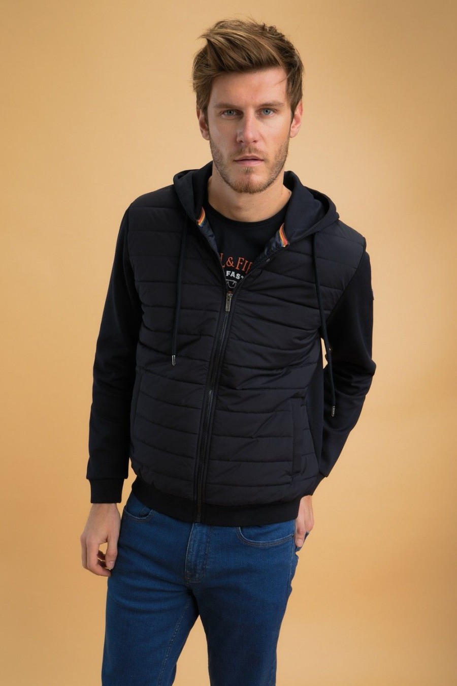 Homme Benson & Cherry Vestes Et Sweaterie Pour Homme | Gilet Matelasse Bi Matiere A Capuche Sica Marine