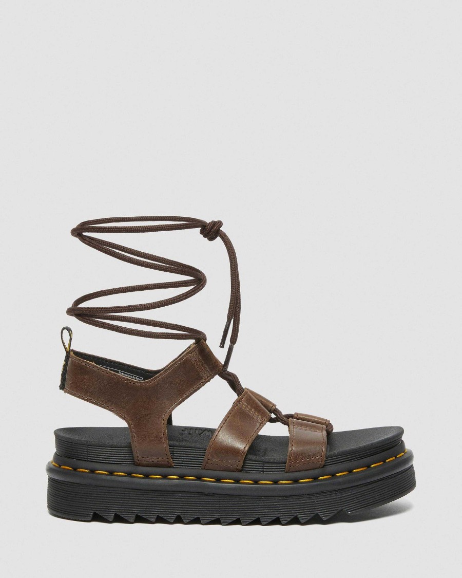 Dames Dr. Martens Sandales Gladiateur | Sandales Spartiates Nartilla Illusion En Cuir Brun Fonce Nouvelle Illusion Grasse