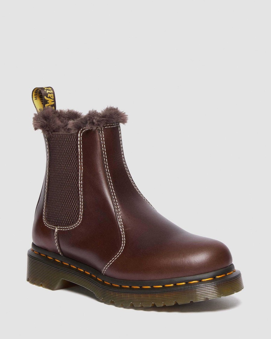 Dames Dr. Martens Bottines | Bottines Chelsea 2976 Leonore Doublees En Fausse Fourrure Marron Fonce