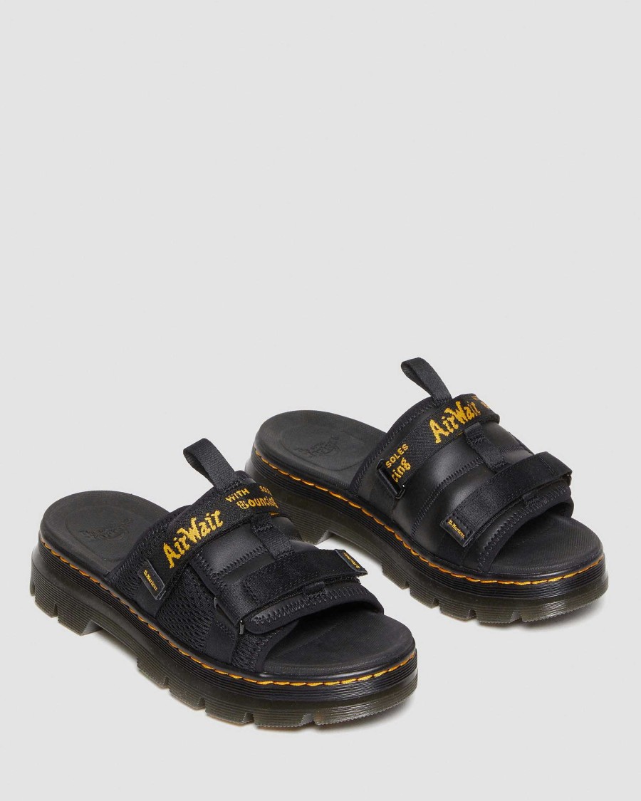 Messieurs Dr. Martens Sandales Noires | Chaussures A Lacets A Plateforme Et Bracelet En Cuir Fraise Avec Logo Ayce Noir — Cuir Enduit Fraise + Maille Respirante Delta