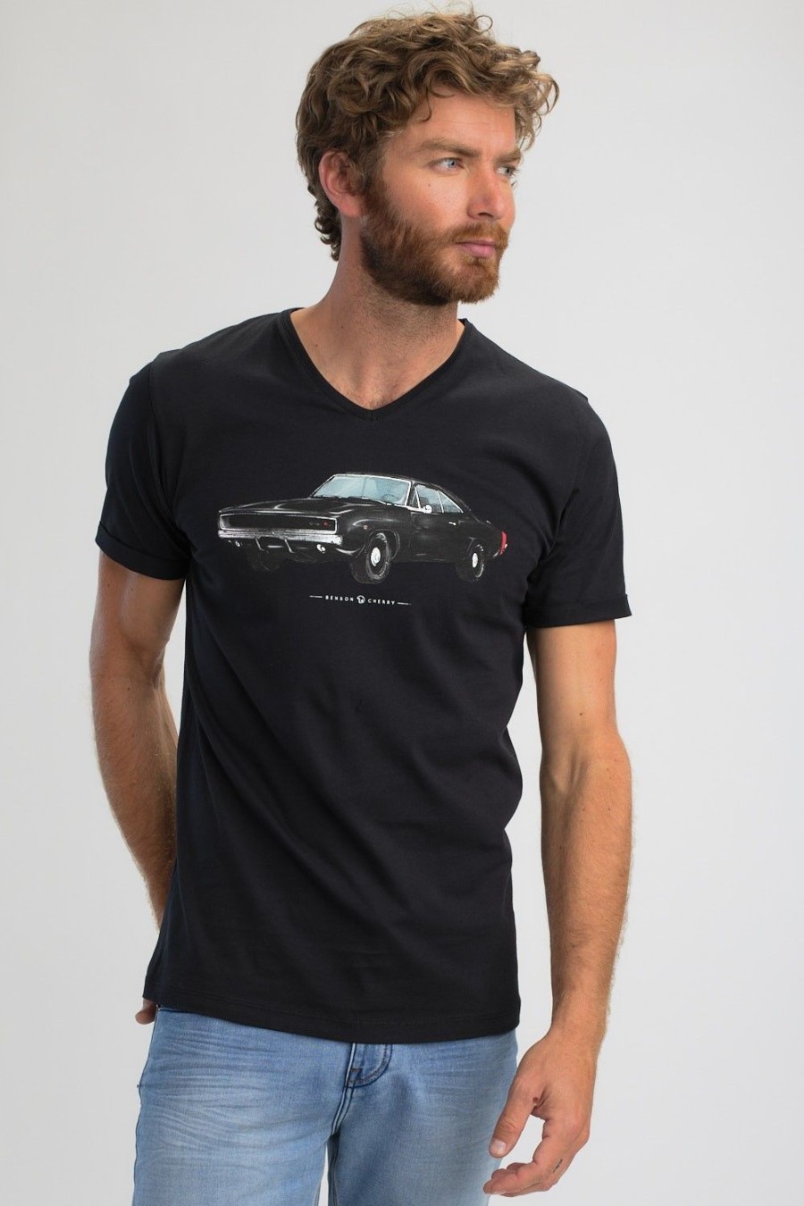 Homme Benson & Cherry T-Shirts Pour Homme | T Shirt Col V Imprime Dodge Timor Noir