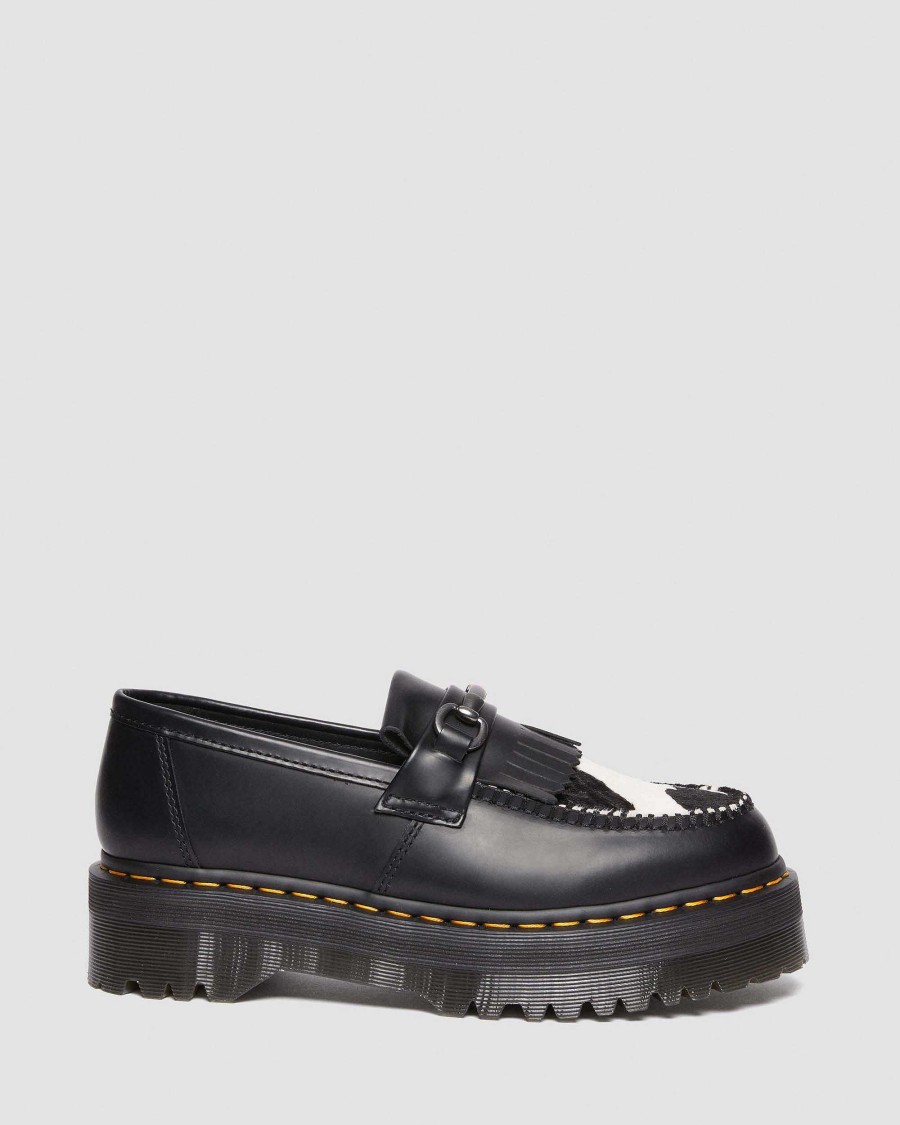 Messieurs Dr. Martens Chaussures Noires | Mocassins Kiltie En Cuir A Imprime Vache Adrian Snaffle Imprime Noir + Vache — Lisse + Cheveux Dessus