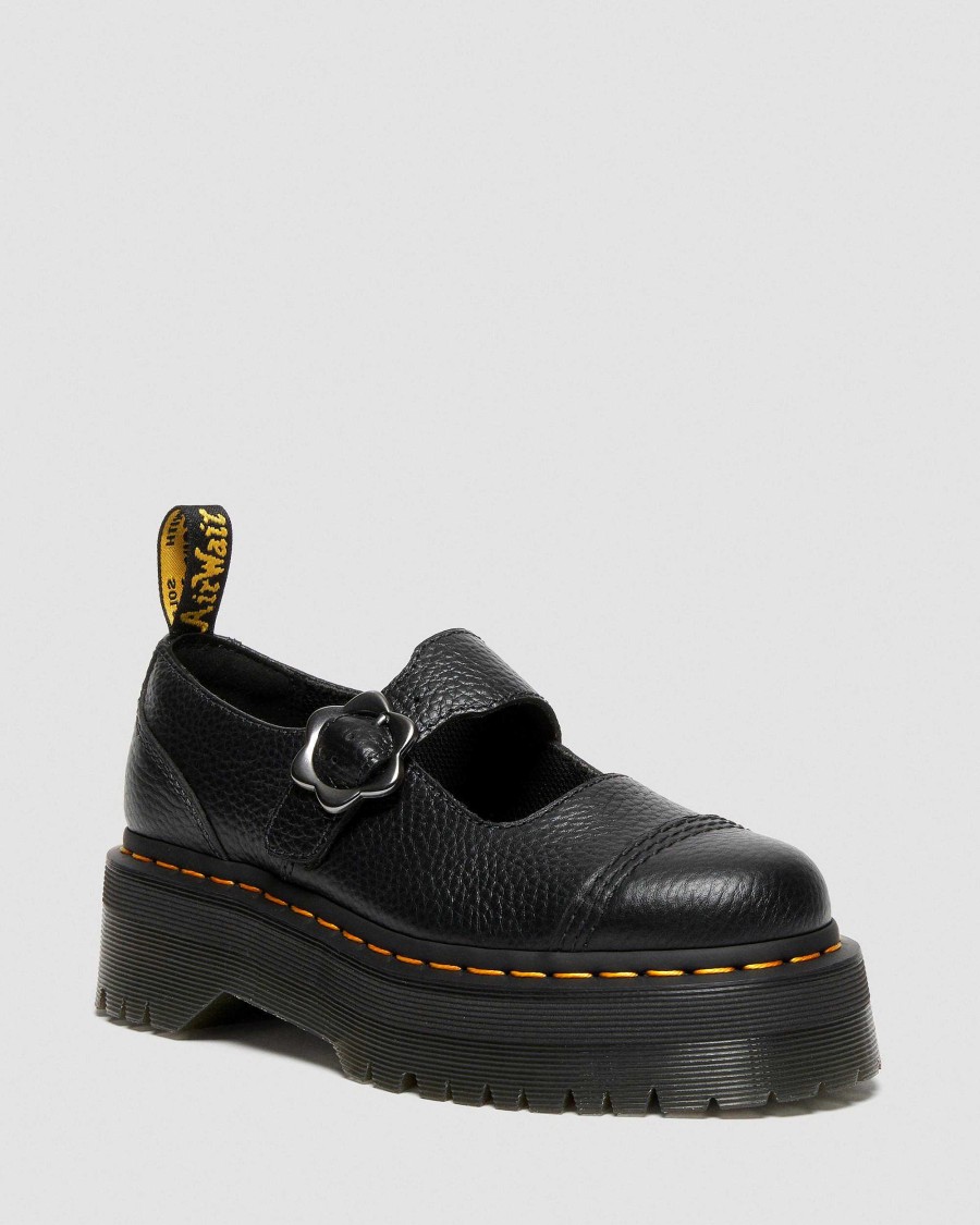 Dames Dr. Martens Chaussures A Semelles Compensees | Plateformes En Cuir A Boucle A Fleurs Addina Noir — Nappa Moulu