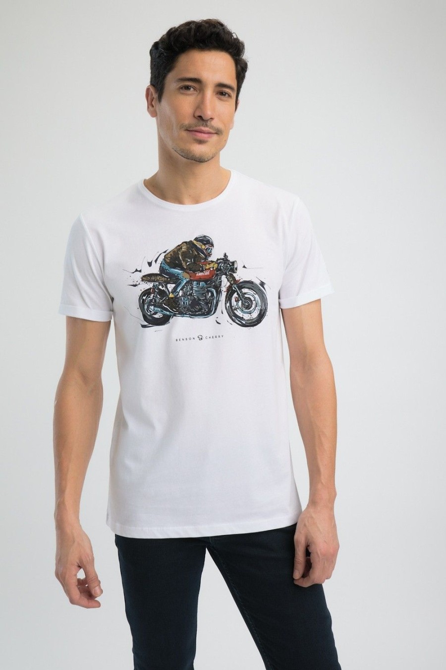 Homme Benson & Cherry T-Shirts Pour Homme | T-Shirt Coton Triumph Thruxton 1200R Tag Blanc