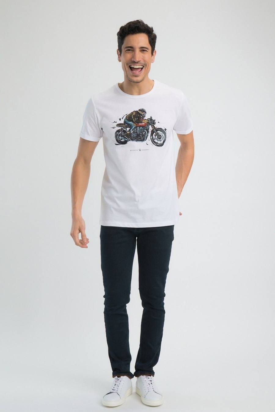 Homme Benson & Cherry T-Shirts Pour Homme | T-Shirt Coton Triumph Thruxton 1200R Tag Blanc