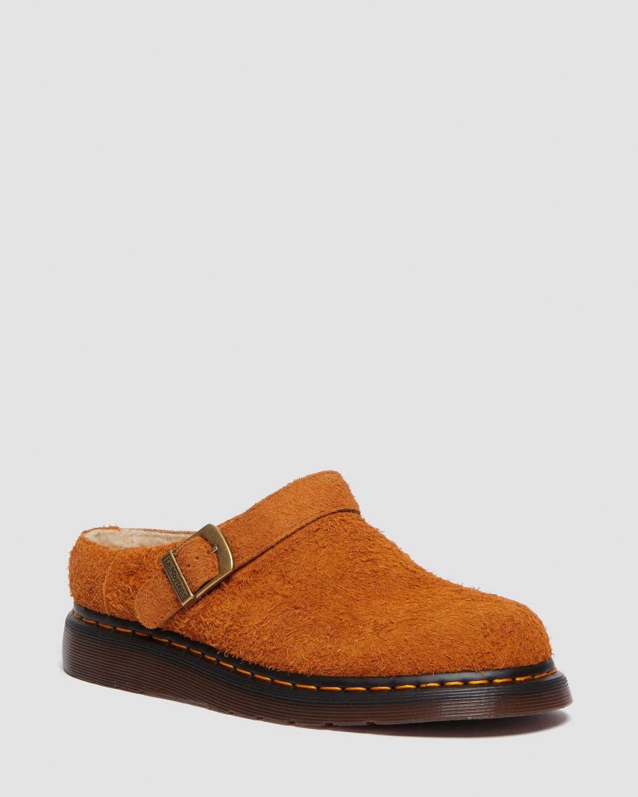 Dames Dr. Martens Chaussons | Pantoufles Isham En Suede Et Peau De Mouton Synthetique Doublees De Fausse Fourrure Brun Noix De Pecan — Daim A Poils Longs