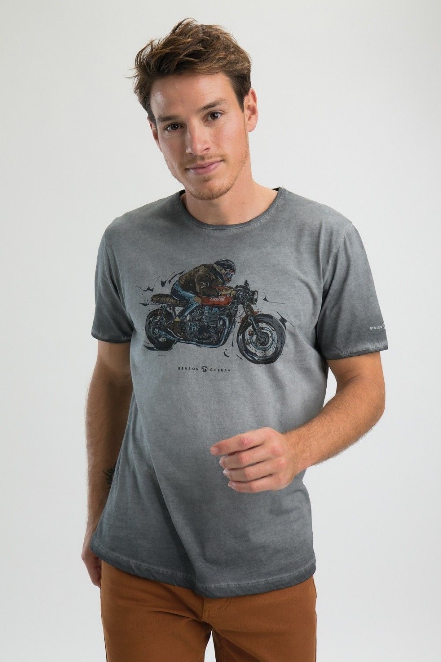 Homme Benson & Cherry T-Shirts Pour Homme | T-Shirt Coton Effet Delave Triumph Thruxton 1200R Tagolo Anthra