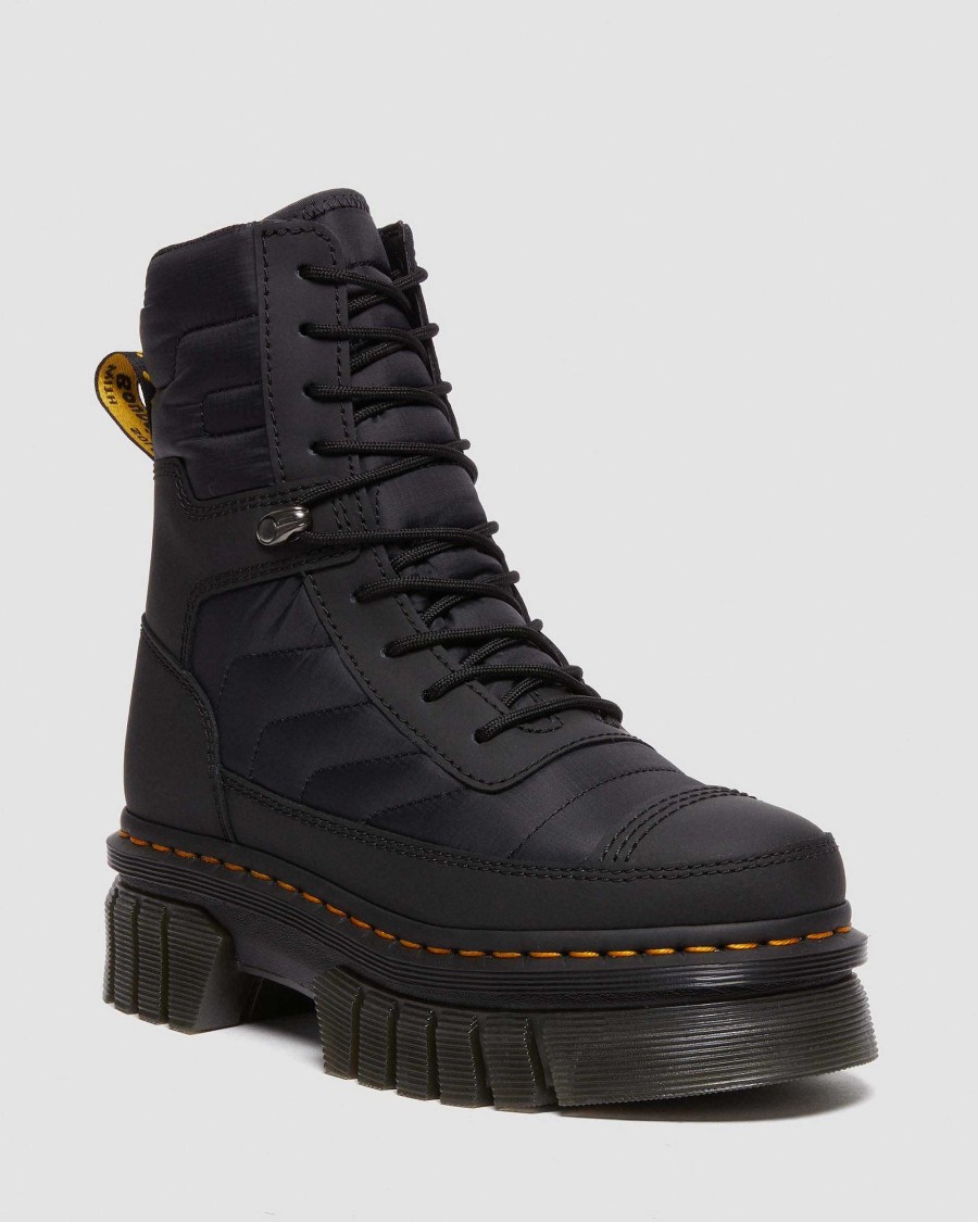 Dames Dr. Martens Plateformes | Bottes A Plateforme Matelassees Audrick 8I Noir — Cuir Caoutchoute + Matelasse Chaud