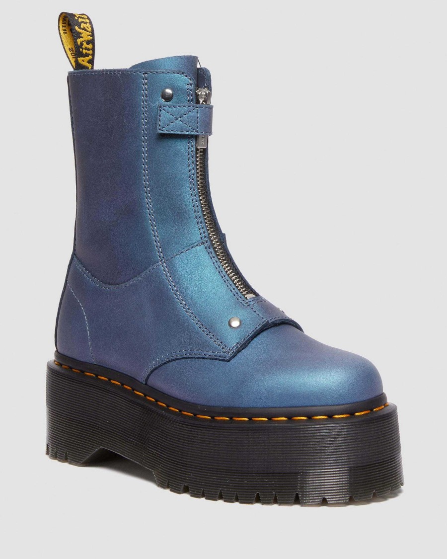 Dames Dr. Martens Maihars A Haut Manche | Chaussures A Plateforme En Cuir Metallise Jetta Hi Max Bleu Profond Tirez Le Levier Vers Le Haut