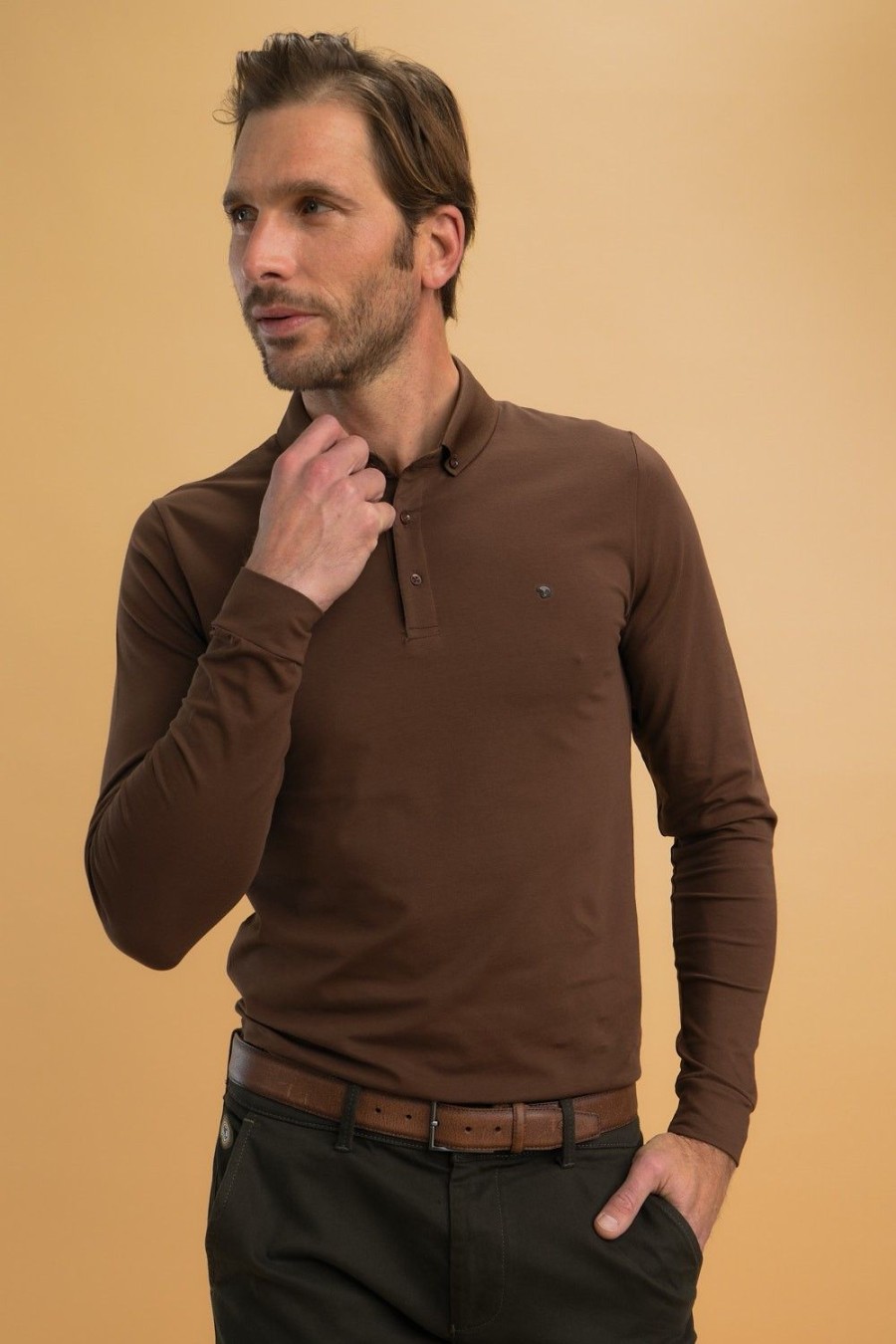 Homme Benson & Cherry Polos Pour Homme | Polo Stretch Manches Longues Ghostlong Choco