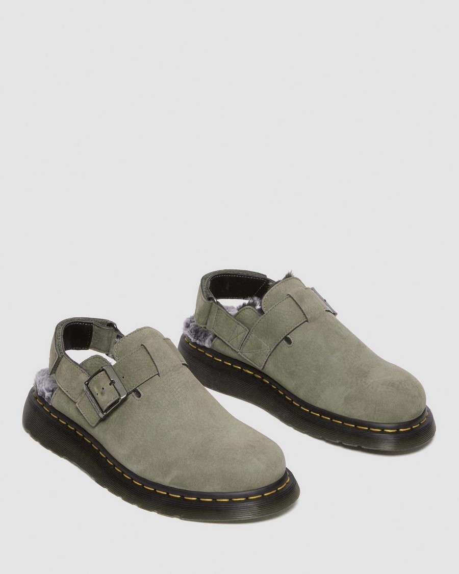 Dames Dr. Martens Chaussons | Tongs Jorge Ii En Fausse Fourrure Doublees De Fausse Fourrure Gris Nickel — Nubuck Fraise Wp