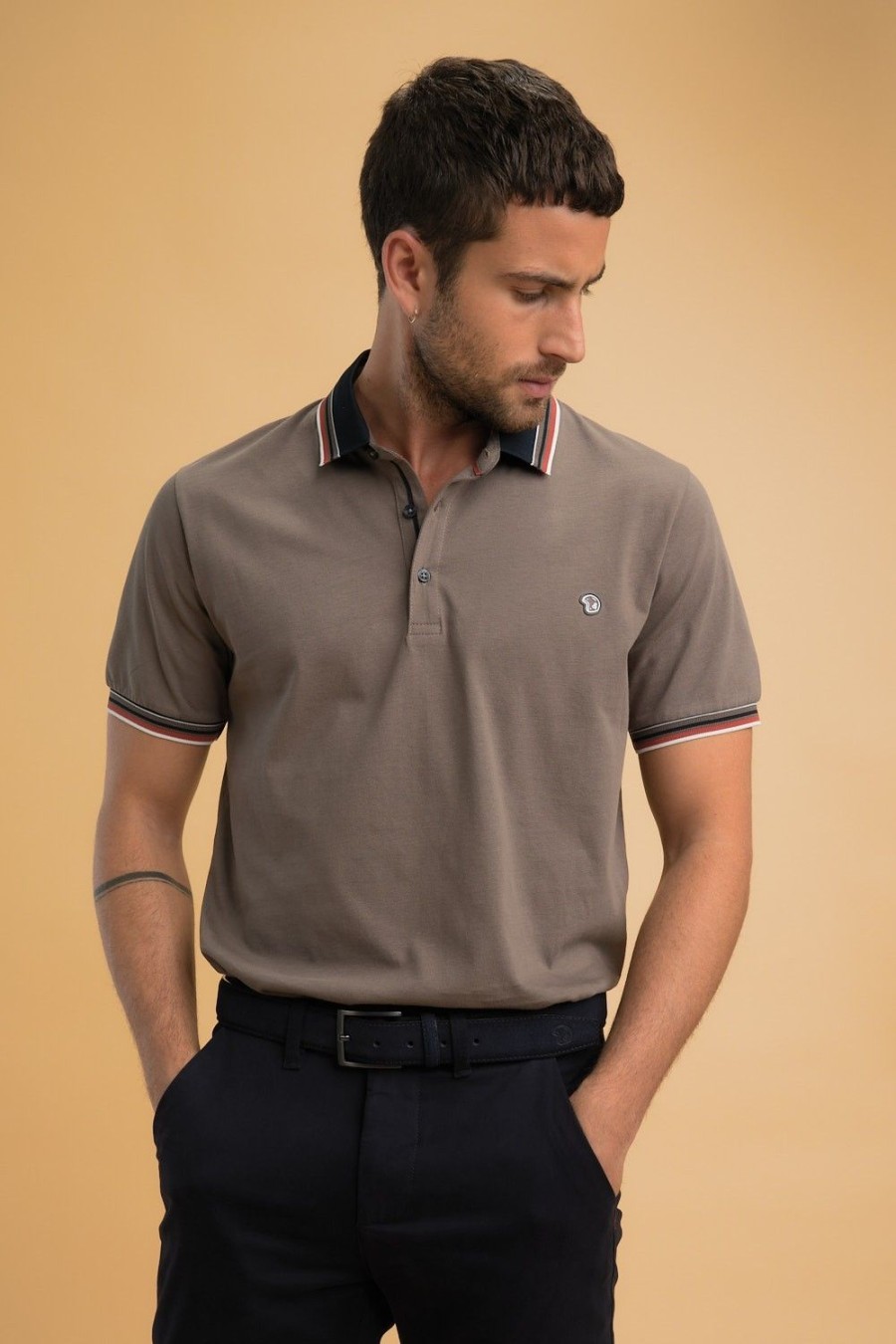 Homme Benson & Cherry Polos Pour Homme | Polo En Coton A Col Raye Gavroch Taupe