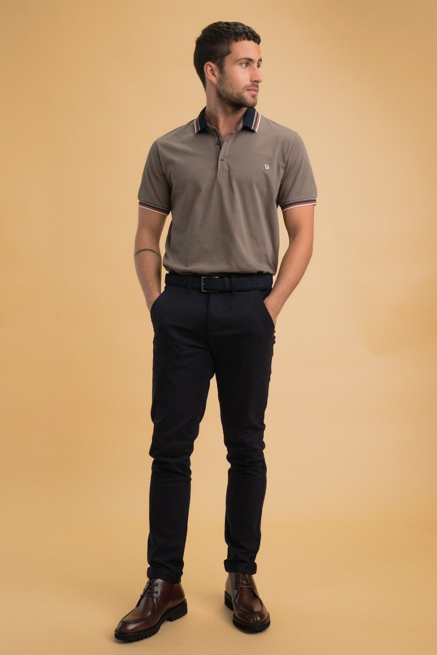 Homme Benson & Cherry Polos Pour Homme | Polo En Coton A Col Raye Gavroch Taupe